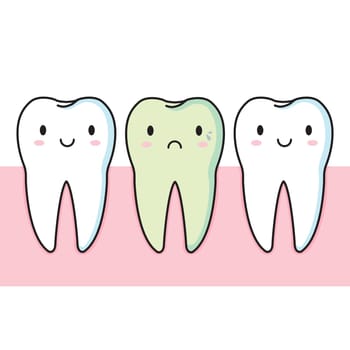 Cartoon flat illustration of smiling white tooth and crying teeth with caries. Cute baby kawaii tooth. Vector illustration
