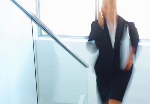 Hurry, stairs and blur of business woman in rush for meeting, working and job in office. Corporate, professional and late worker with speed for commute, travel and running for career in workplace