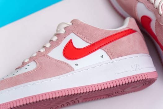 Tyumen, Russia-August 10, 2023: Nike Air Force 1 Valentines Day. Close up logo