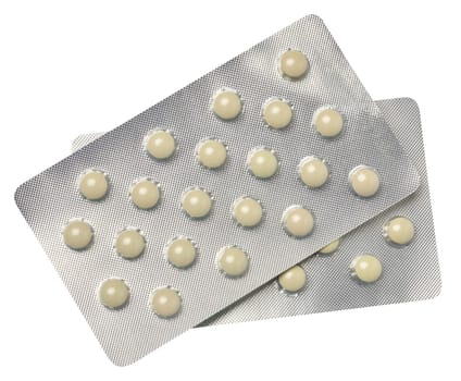 Blister pack with round pills on a white isolated background
