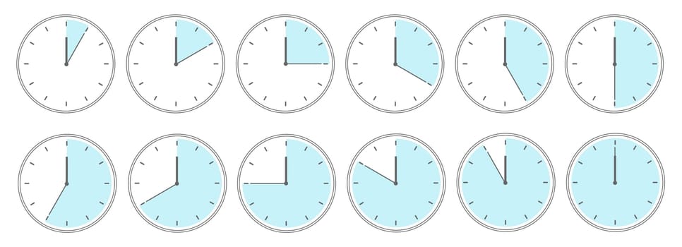 Cock faces with various time interval thin black line icons set, symbols of round dials