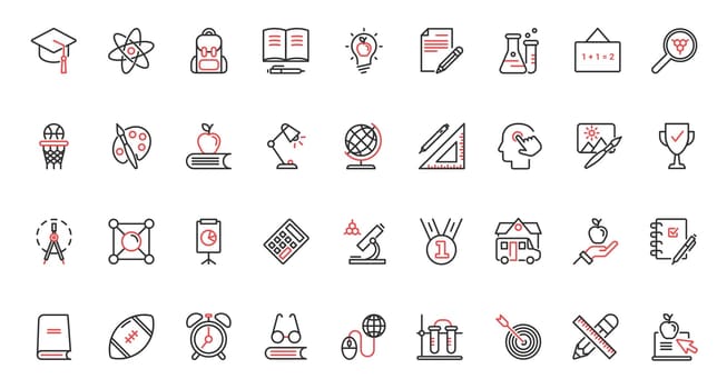 Red black thin line icons set for school, college and university education. Laboratory equipment for training chemistry and physics, library books for students. Vector illustration.
