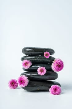 Spa stones and flowers on the white background