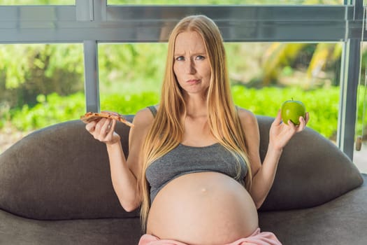 A pregnant woman faces a choice between nourishing, wholesome food and tempting fast food, highlighting the importance of healthy dietary decisions during pregnancy