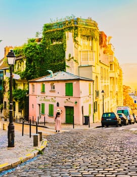 Paris France 12 September 2018, Streets of Montmartre in the early morning with cafes and restaurants, colorful street view at La Maison Rose France at sunrise