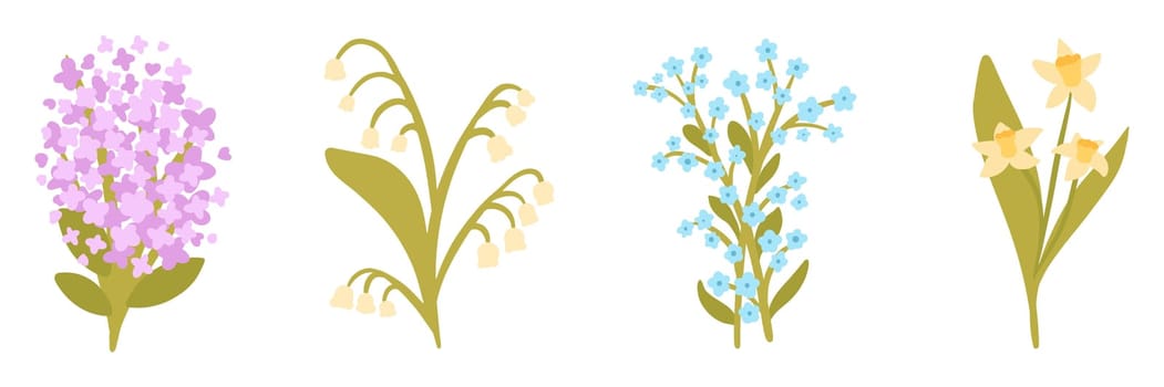 Flowers collection. Set of different spring flowers illustrations in pastel colors.