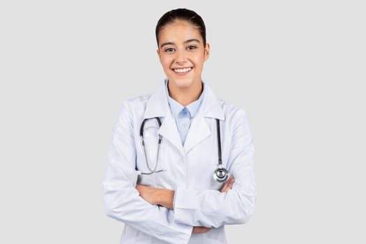 Young european woman doctor with stethoscope smiling confidently