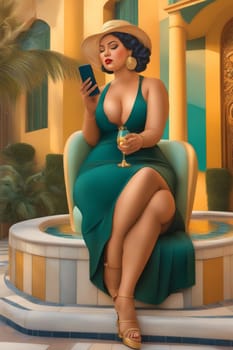 iilustration poster of voluptous female model using smartphone outdoors in a yard in caribbean villa