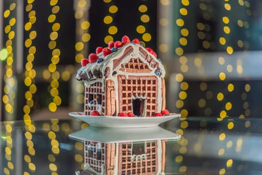 magic of an unusual gingerbread house amid festive Christmas lights. A whimsical scene capturing holiday enchantment and creative culinary delight