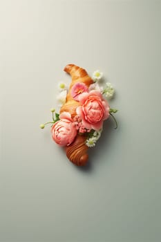 Tasty croissant with beautiful flowers on gray background