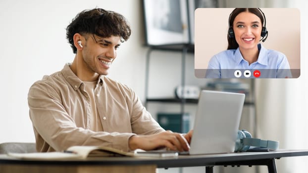 Middle Eastern Guy Using Laptop, Have Video Call With Consultant