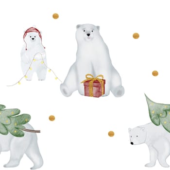 watercolor seamless pattern cute family of white polar bears. Festive Christmas New Year pattern with gifts and a tree for printing on children's textiles, pajamas and bed linen.