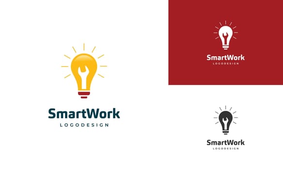 smart work logo design, smart mechanic logo, light bulb combine with wrench logo concept 