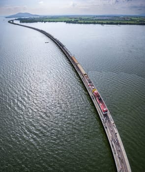 Aerial view of the floating train in Pasak Chonlasit Dam, Lopburi, Thailand, south east asia