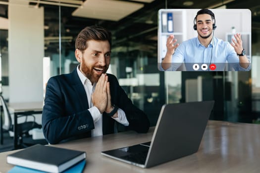 Excited businessman celebrating great news and luck, have video chat