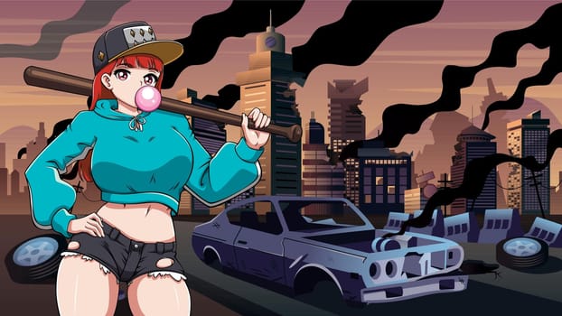 Anime Bat Girl in Ruined City
