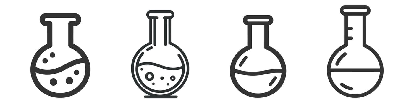 Chemical test tube set, pack, collection. Glass tube. Flask template. Glass container. Flask of poison. Jar icon.