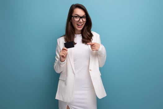 successful young brunette woman with credit card mockup