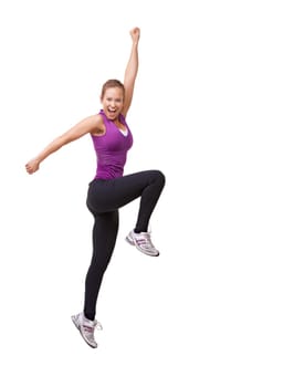 Woman, cheers and jump in studio for fitness, workout and training celebration, energy or achievement. Excited portrait of sports model or runner stretching in air with success on a white background