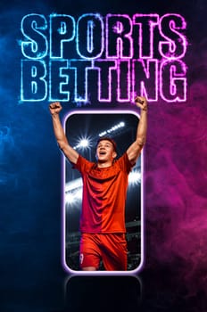 Sports betting on football. Design for a bookmaker. Download banner for sports website. Soccer player winner on a fiery background