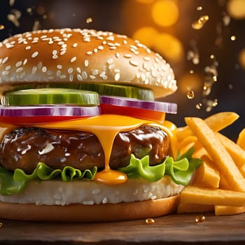 The fresh and delicious cheesy double hamburger with fries on a table in the restaurant.