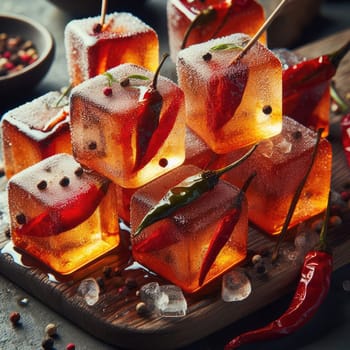 photo of Grilled transparent ice cubes on grill with spicy souce on brush . blurred street crowd on background