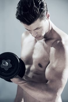 Fitness, muscles and man with dumbbell weight in a studio for bodybuilding workout, exercise or training. Sports, health and young male athlete from Canada with equipment isolated by gray background.