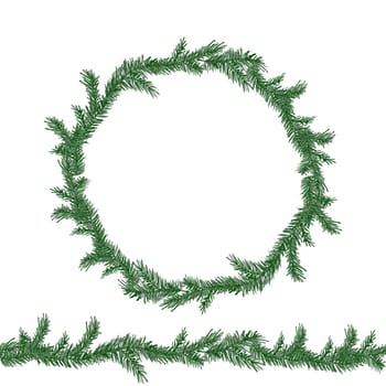Watercolor circle wreath and seamless boarder with green pine branches. Sprig of pine hand drawn for wrapping paper, winter holiday decoration, banner, card or invite. Christmas trees modern background