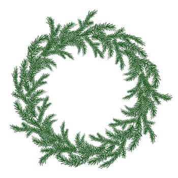 Watercolor circle wreath frame with green pine branches. Sprig of pine hand drawn for wrapping paper, winter holiday decoration, banner, card or invite. Christmas trees modern background