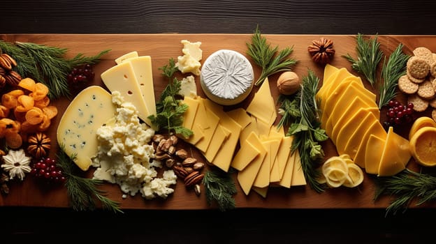 large board with different cheeses and fruits on the holiday table,plate for Christmas,flat lay composition with snacks