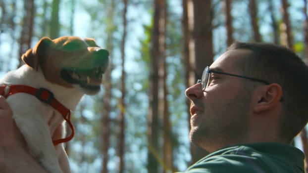Man holds dog in hands in park. Stock footage. Man happily holds dog in arms in sunny forest. Happy owner keeps dog on background of sun in summer park