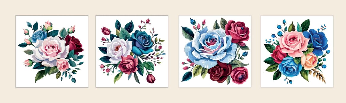 Banner set Watercolor floral bouquet lush pink blue red flower roses green leaf leaves branches bouquets collection. Decorative elements template. Vector illustration isolated on white background