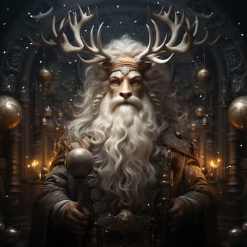Fairytale man with face of lion or tiger and antlers of deer with gray beard on royal throne
