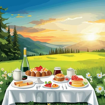 Rustic countryside picnic, with fresh portico and juice, against backdrop rolling hills, vector illustration