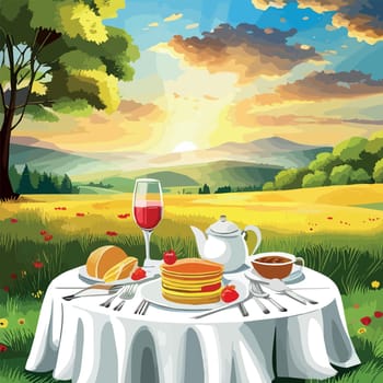 Vector illustration nature scene with tables with food mountains at background.