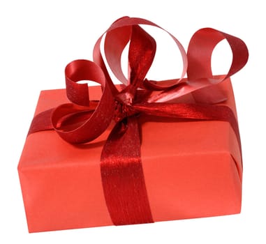Box is wrapped in red gift wrapping paper and red ribbon 
