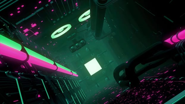Animation of clean and dark futuristic alien scifi fantasy hangar. Motion. View inside of an abstract tunnel or corridor with gring and pink illumination.