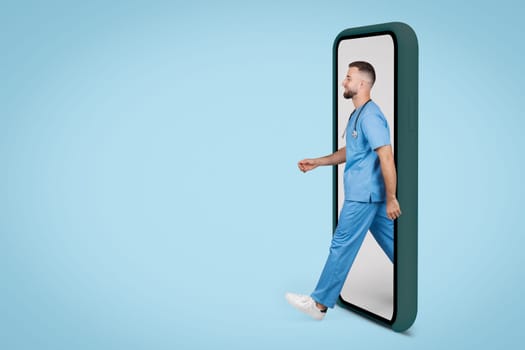 Male nurse in scrubs emerging from a smartphone screen, illustrating the innovative concept of telehealth and virtual medical consultations, free space
