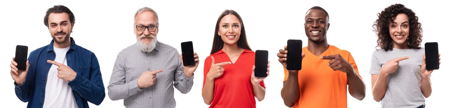 Group of men and women of different ages holding smartphones with mockup for advertising