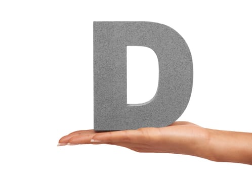 D, alphabet and hand with letter on a white background for spelling, language and message. English, communication and isolated sign, symbol and icon on palm in studio for learning, education and font.