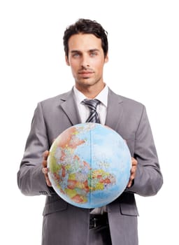 Portrait, business man and globe, earth or world for corporate travel isolated on a white studio background. Face, professional in suit and planet map for geography, journey or international vacation