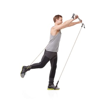 Fitness, gym and resistance band with a young man in studio isolated on a white background for health. Workout, exercise or performance and a strong athlete training with equipment for wellness