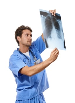 Doctor, man and radiologist by xray in studio, surgery analysis and chest chart for thinking in mockup. Specialist, planning and lungs radiograph for asthma disease and ribs mri by white background