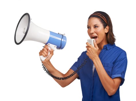 Megaphone communication, angry and woman scream, talking or broadcast speech on racism, human rights or empowerment. Protest rally, bullhorn announcement voice and studio speaker on white background