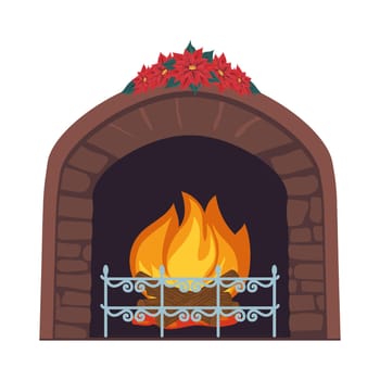 Indoor fireplace decorated with poinsettia flowers