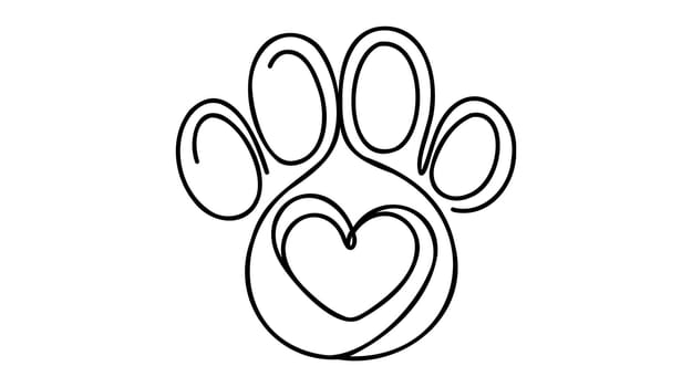 Heart with cat or dog paw in continuous one line drawing logo. Minimal line art. Animal foorprint in heart.