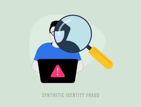 Synthetic Identity Fraud Detection. Creating fictional identities to exploit financial systems using advanced AI technology for convincing scams. Synthetic identity theft isolated vector illustration
