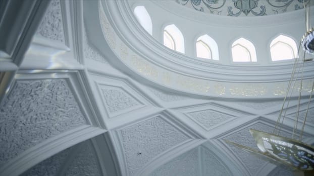 Russia, Kazan - May 2, 2022: Beautiful white mosque patterns. Scene. Details of interior of white mosque. Openwork patterns on marble walls of temple or mosque. White Mosque of Irek in Kazan