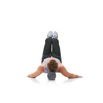 Balance exercise, foam roller and person in pilates workout, floor stability or muscle endurance activity. Studio, gym equipment and athlete fitness for core strength development on white background