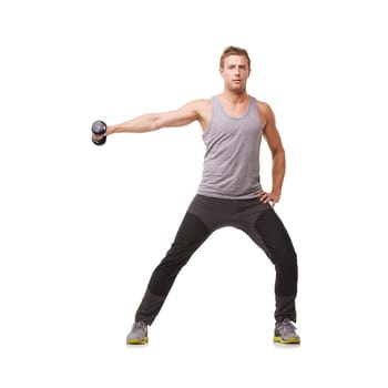 Workout, bodybuilder or man with dumbbells training, exercise or fitness for wellness. White background, studio mockup space or healthy athlete doing lateral raises for strong shoulders or muscle